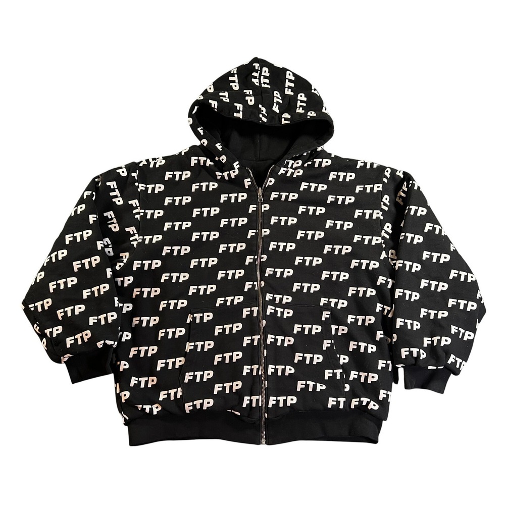 FTP All Over Print Zip Up Hoodie Mens Medium Black Logo Streetwear Reversible